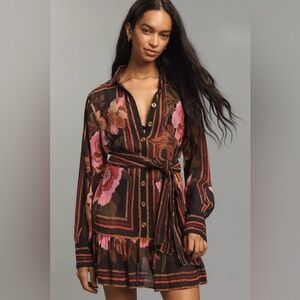 Farm Rio / Anthropologie: Black Chenille Flowers Belted
Long Sleeve Mini Dress